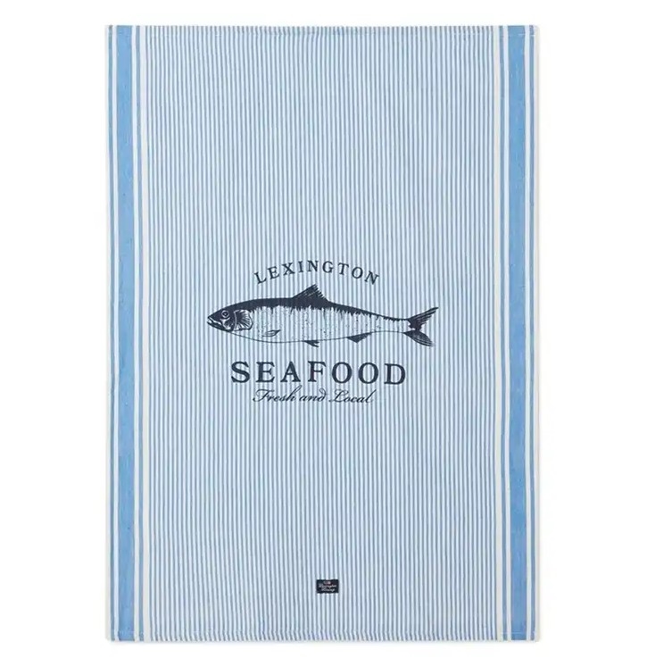 Seafood striped & printed org cotton kitchen towel blue/white